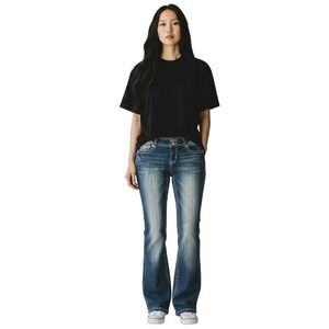 WallFlower Women's Jeans Size 5 Blue Bootcut Mid Rise Embroidered Pocket Denim‎